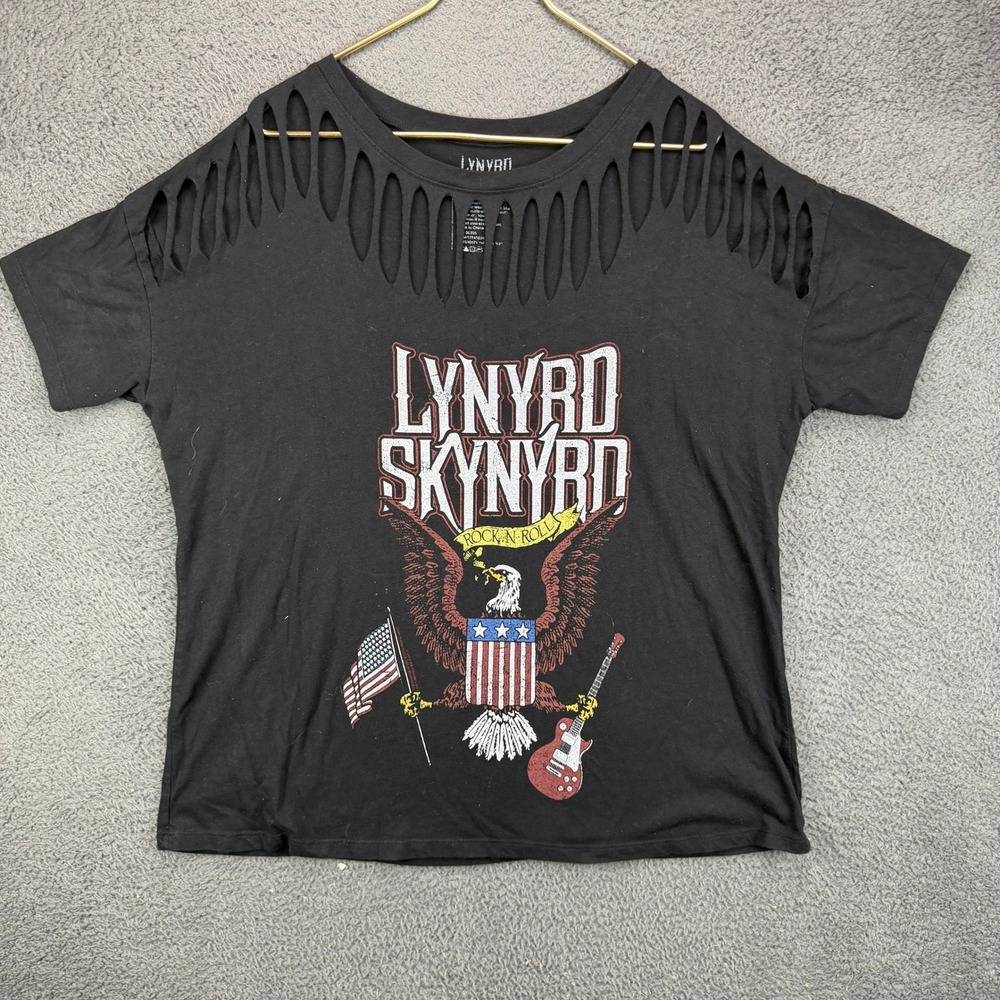 Lynyrd Skynyrd Rock N Roll Graphic T-Shirt Black Cut Out Neck Women Large